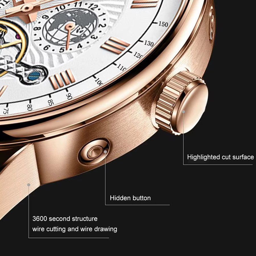 POEDAGAR Armbanduhr, Automatik, Leder, Roségold, Herren - Bild 4