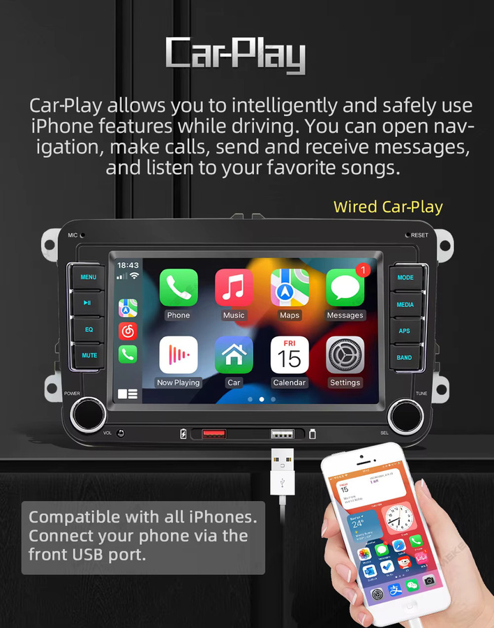MEKEDE 7 Zoll 2 Din Autoradio mit CarPlay und Android Auto, Bluetooth und Video für Volkswagen, Seat, Skoda, Passat, Golf und Polo in Schwarz - Bild 5