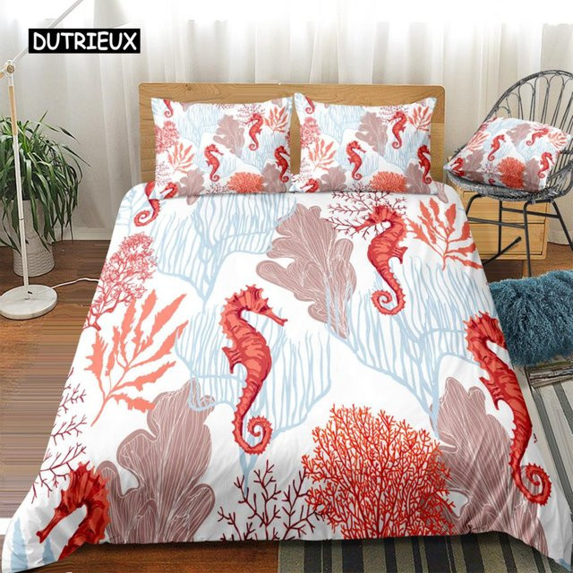 Binchi Outdoor Product Bettwäscheset mit Seepferdchen und Meeresmotiven, Orange Koralle, 3-teilig, B/H: 155 x 215 cm - Bild 1