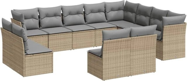 vidaXL 12-tlg. Garten-Sofagarnitur in U-Form aus Poly-Rattan mit Kissen in Beige - Bild 1