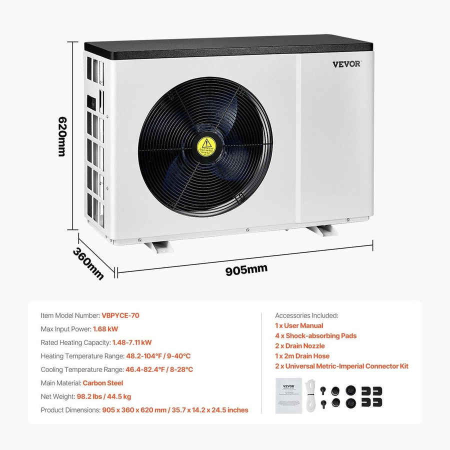 Buying Solutions MB Elektrische Pool-Wärmepumpe mit variabler Frequenz zur Heizung und Kühlung von Poolwasser, 1,48-7,11 kW - Bild 3