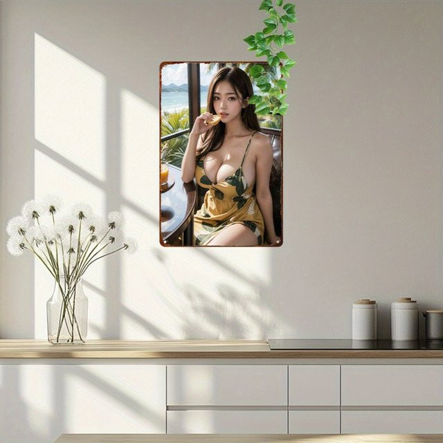 CIFBUY Retro Anime Girl Metall-Wandkunst mit Meerjungfrau und tropischen Blättern, Mehrfarbig, B: 20,3 cm, H: 30,5 cm - Bild 1