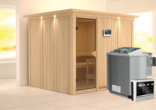 Karibu Bio-Sauna GOBIN mit BioKombiofen 9,0 kW, Ganzglastür in Bronze und Dachkranz, B/T/H: 231 x 196 x 245 cm - Bild 1