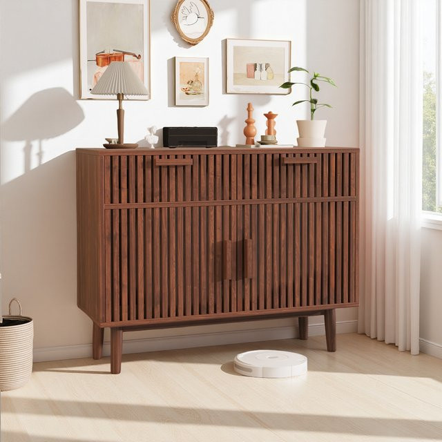 Sideboard aus Holz mit 2 Schubladen und 2 Türen in Beige oder Braun, B/T/H: 100 x 35 x 80 cm - Bild 1