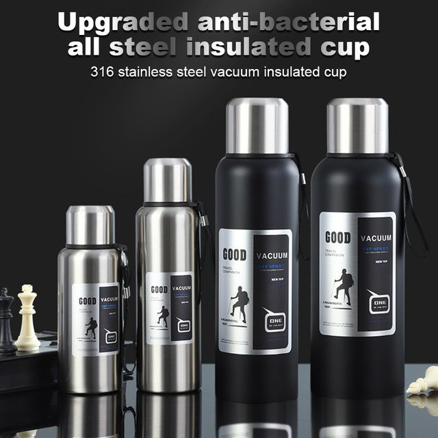 APWIKOGER Thermo-Edelstahl-Trinkflasche für Kaffee und Tee, isolierter Vakuumbecher, Silber, 600 ml bis 2000 ml - Bild 1