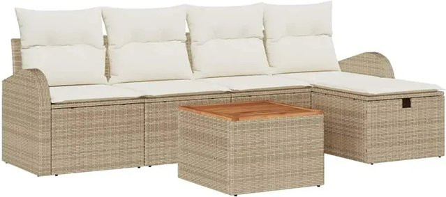vidaXL Garten-Sofa-Set aus Polyrattan in Beige, 6-teilig mit Kissen, Gartentisch, Armsofas und Fußhockern inklusive Stauraum - Bild 1
