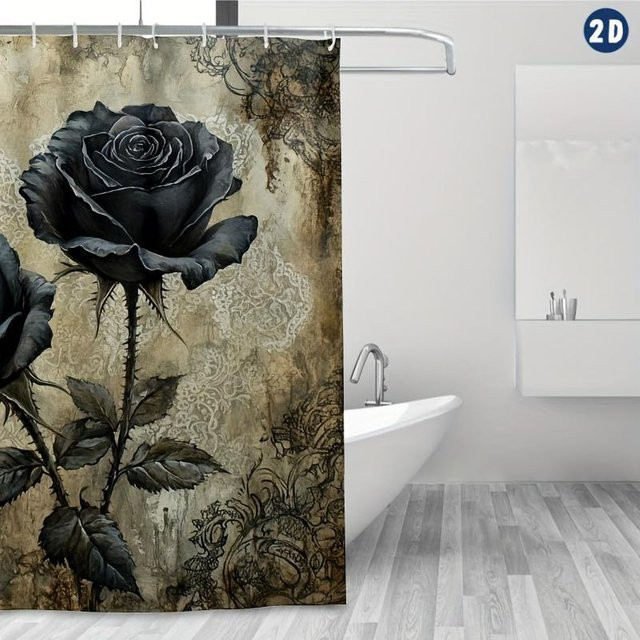 Eleganter Duschvorhang mit schwarzer Rosen-Illustration aus Polyester, Farbe: Schwarz, Breite: 150 cm, Höhe: 180 cm - Bild 1