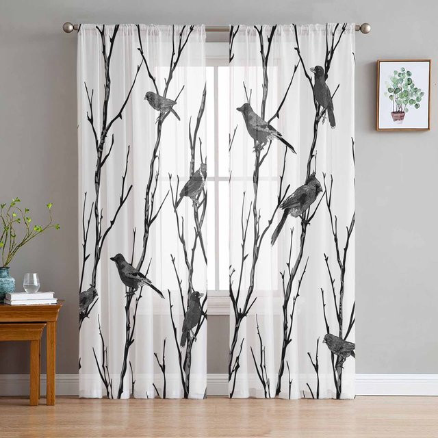 Transparente Tüll-Vorhänge mit Vogel-Silhouette und Zweig-Motiv aus Organza, Farbe: Transparent/Weiß, Breite: 135 cm, Höhe: 160 cm - Bild 1