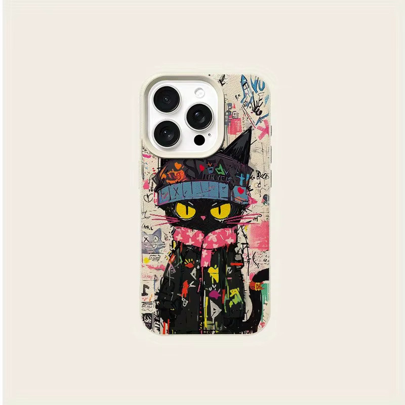 Handyhülle mit Graffiti-Katze-Lychee-Muster für Apple iPhone 17 16 15 Pro Max Plus Serien in Beige und Multicolour - Bild 5