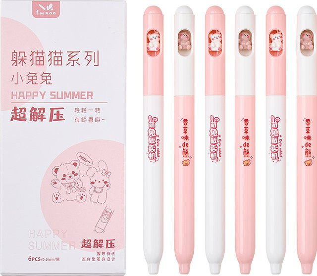 6er Pack niedliche Cartoon Gelstifte in Pink für Schule und Büro - Bild 1
