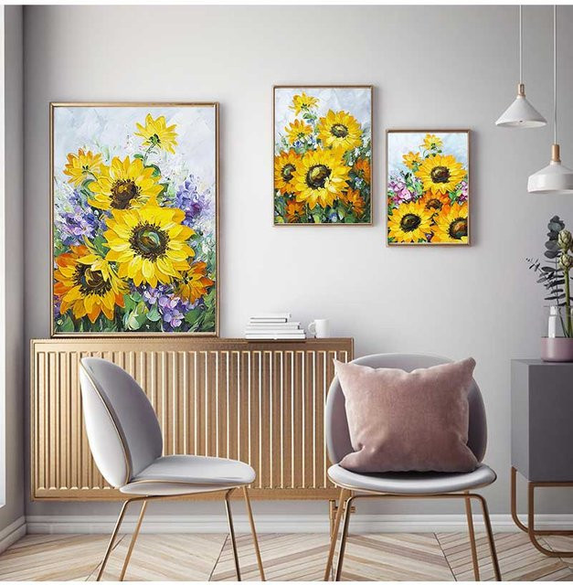 Mintura Handgemaltes Sonnenblumen Wandbild auf Leinwand, moderne florale Kunst in Gelb - Bild 1