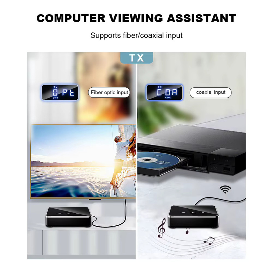 ALLOET Bluetooth 5.4 Audio-Adapter als Sender und Empfänger mit AUX 3,5mm Klinke, RCA und optischem Anschluss, Schwarz - Bild 3
