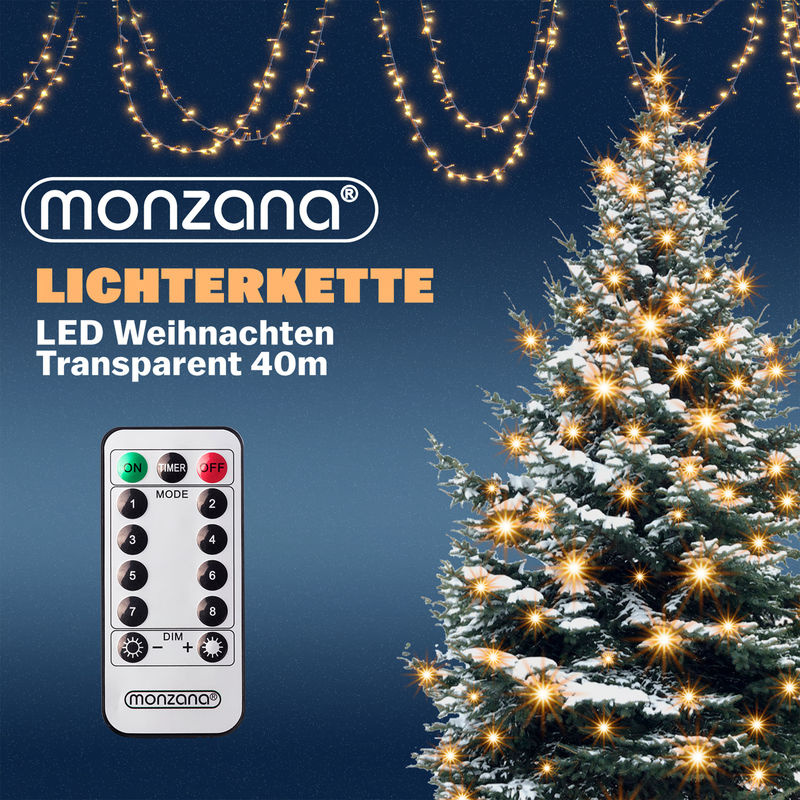 Monzana LED Weihnachts-Lichterkette Warmweiß, 40 m, mit Fernbedienung, Timer und Dimmfunktion, transparent - Bild 3