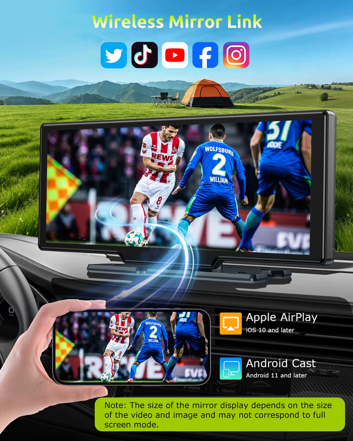 ESSGOO Tragbares Autoradio mit 10,26 Zoll 4K Touchscreen, kabelloses CarPlay, Android Auto, Bluetooth, Mirror Link und Dual-Lens Dashcam inklusive Rückfahrkamera in Schwarz - Bild 5