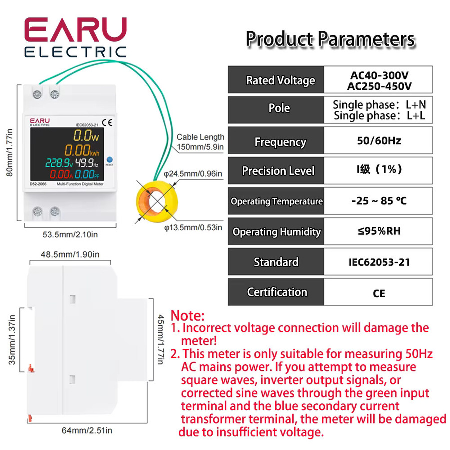 EARU D52-2066 Energiezähler für die DIN-Schiene in Weiß, Multifunktions-Stromverbrauchsmesser mit Voltmeter, Amperemeter, Watt, kWh und Frequenzmessung, AC 40–300 V, 100 A - Bild 2