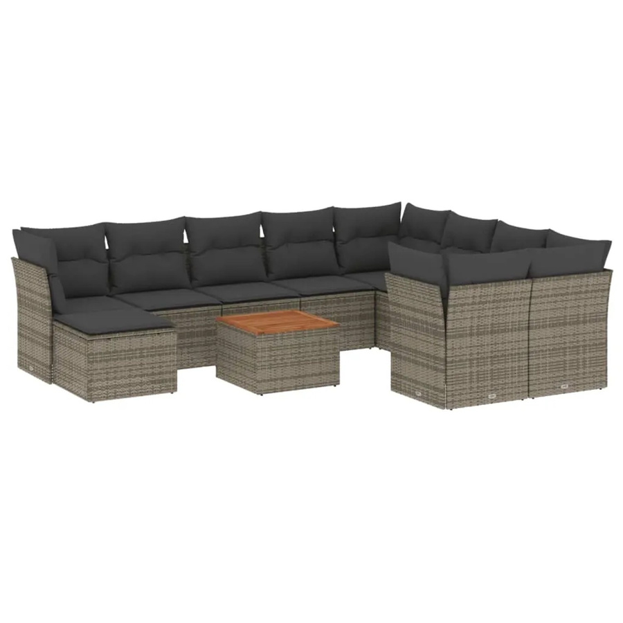 vidaXL 11-tlg. Garten-Sofagarnitur aus Poly-Rattan und Akazienholz in Grau mit Kissen - Bild 2