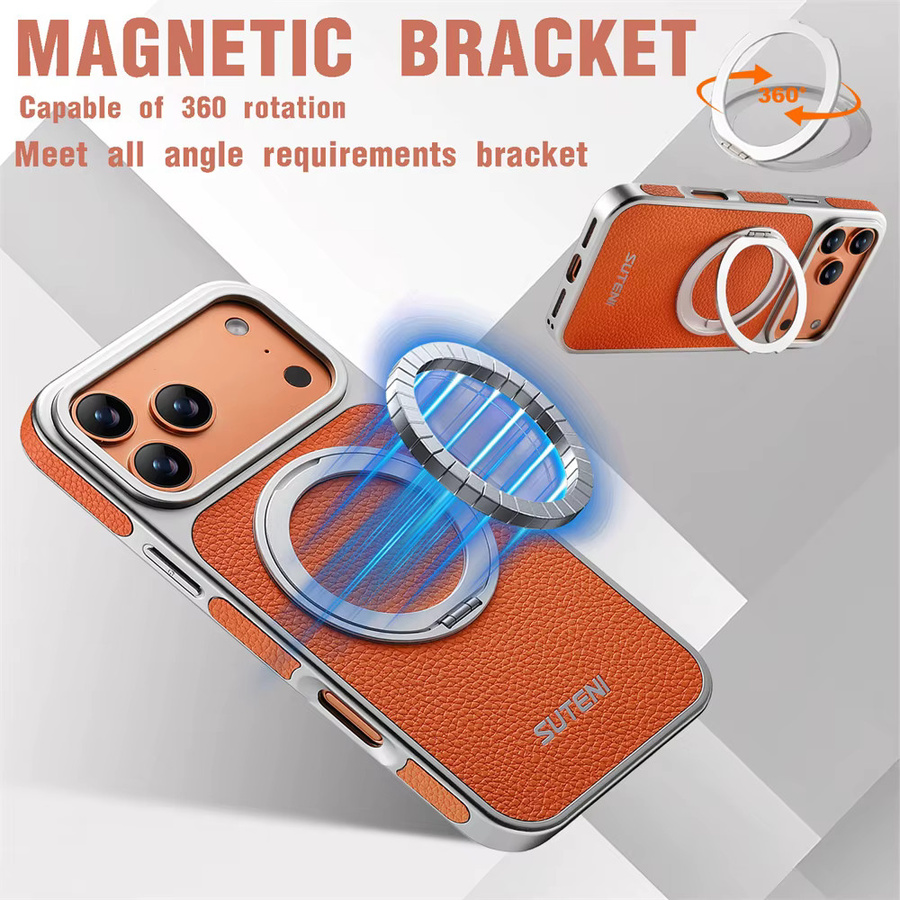 Xeber Magnetischer Ringständer mit Litschi-Textur für MagSafe iPhone Hüllen in Braun und Orange - Bild 5
