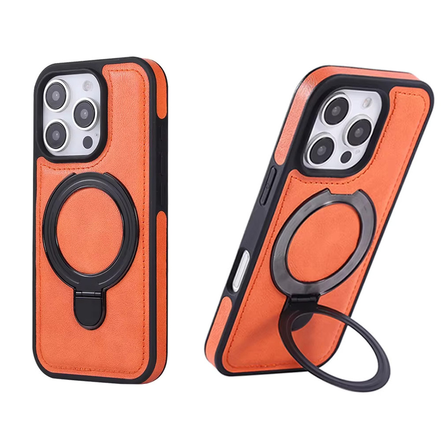 Magnetische Business Leder Textur Schutzhülle mit Ring Ständer für iPhone 16 15 14 13 12 11 Pro Plus Max kompatibel mit MagSafe stoßfeste Hybrid Hülle in Blau und Orange - Bild 3