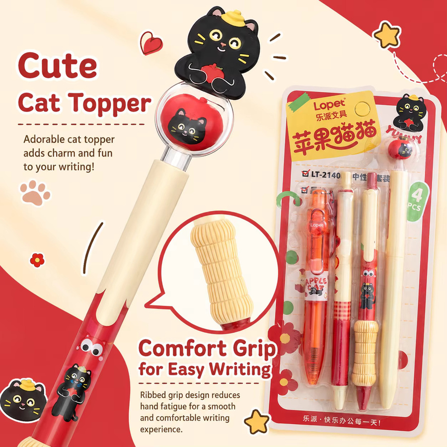 4er-Set Apfel-Katzen Gelstifte in Multicolour, 0,5 mm, schnell trocknend und einziehbar für Schule und Büro - Bild 3