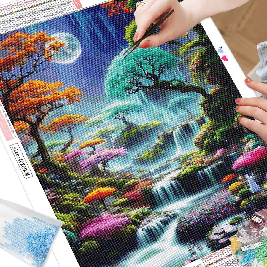 Huacan Diamond Painting Set Nachtlandschaft mit Wasserfällen, 5D Mosaik Kit in Multicolor, Full Round - Bild 2
