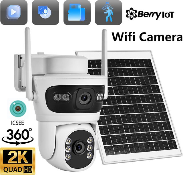 BERRY IOT Solar WLAN Überwachungskamera mit 6MP 2K Dual-Objektiv, HD CCTV Outdoor Kamera mit Zwei-Wege-Sprachintercom in Weiß - Bild 1