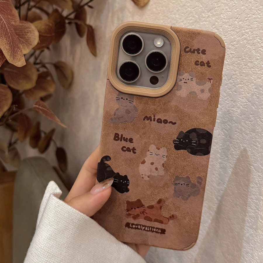 MUQGEW Handyhülle mit süßem Cartoon-Katzen-Design aus Ledertextur für iPhone 17, 16, 15, 14, 13, 12, 11 Pro Max mit stoßfester Handschlaufe in Braun - Bild 2