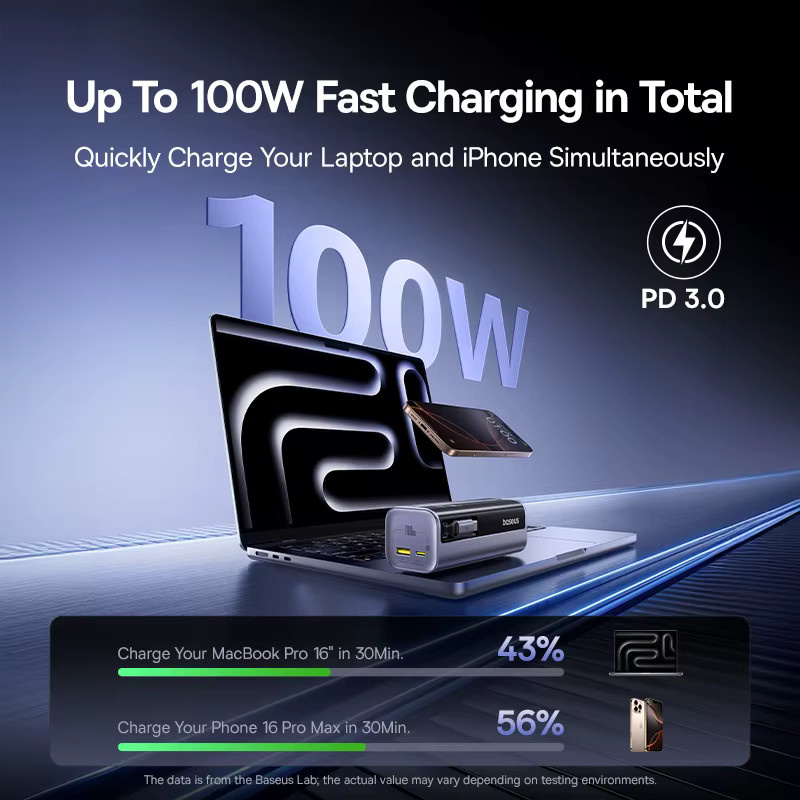Baseus EnerGeek GR11 Powerbank 10000mAh mit 100W Schnellladung, integriertes USB-C-Kabel, PD & QC, USB-A und USB-C Anschlüsse, Grau - Bild 3