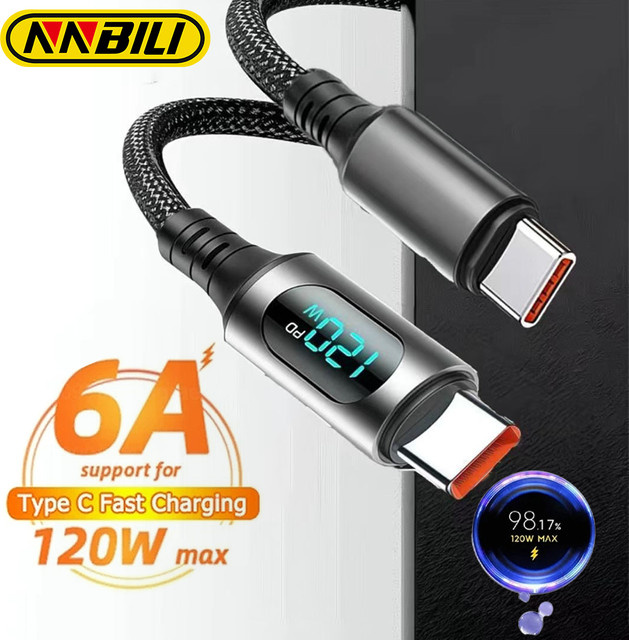 NNBILI USB-C auf USB-A Ladekabel mit digitaler Anzeige, 120W Superschnelles Laden, Schwarz - Bild 1
