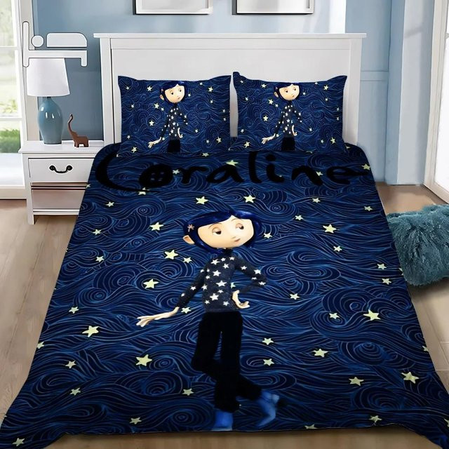 Bettwäscheset mit Coraline Motiv für Kinder und Jugendliche, bestehend aus Bettbezug und Kissenbezug, Farbe Blau, Material Mikrofaser, B/H: 210 x 210 cm - Bild 1