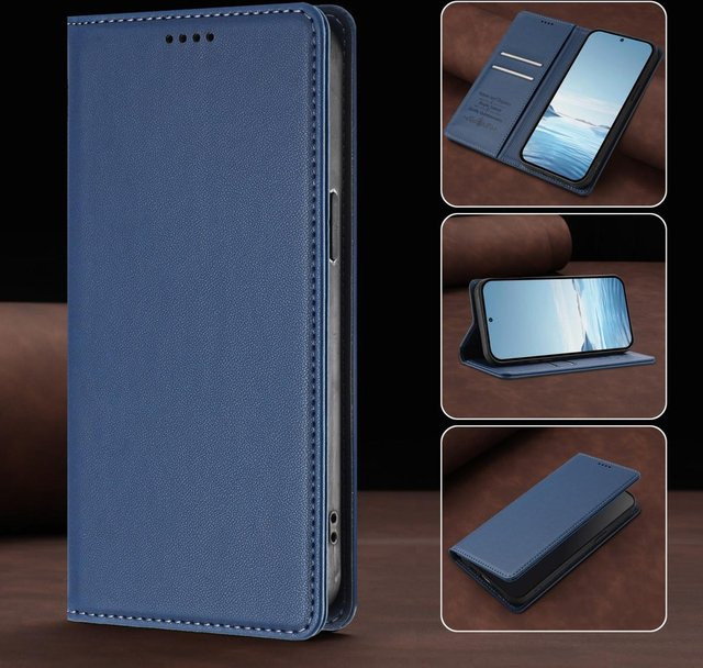 Magnetische Leder Handyhülle Flip Wallet für Honor Magic 5 Pro, 6, 7, 8 und Lite in Blau - Bild 1