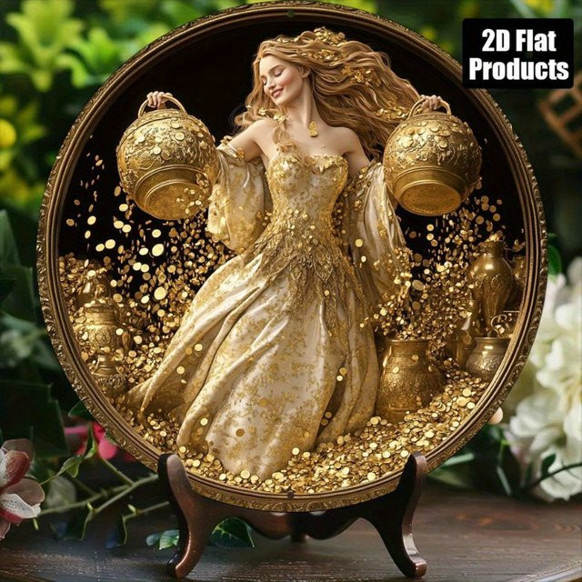 Rundes Aluminiumschild Potdemiel Göttin des Reichtums in Gold als dekorative Kunst für Zuhause und Büro - Bild 1