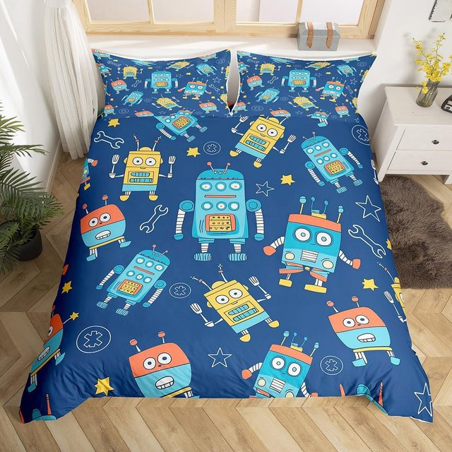 Flylo Bettwäsche Set Cartoon Roboter Aquarell Blau für Kinder, Bettdeckenbezug und Kissenbezug aus Polyester, B/H: 135 x 200 cm - Bild 1