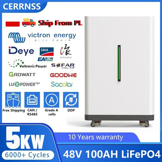 CERRNSS LiFePO4 Solarbatterie 51.2V 100Ah 5kWh mit aktivem Equalizer BMS und mobilen Rädern in Weiß - Bild 1