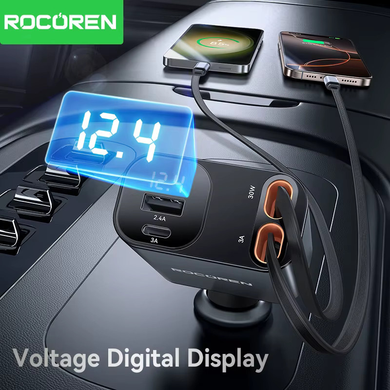 Rocoren 4-in-1 Autoladegerät mit PD 30W USB Typ C, digitaler Anzeige und integriertem Ladekabel - Bild 5