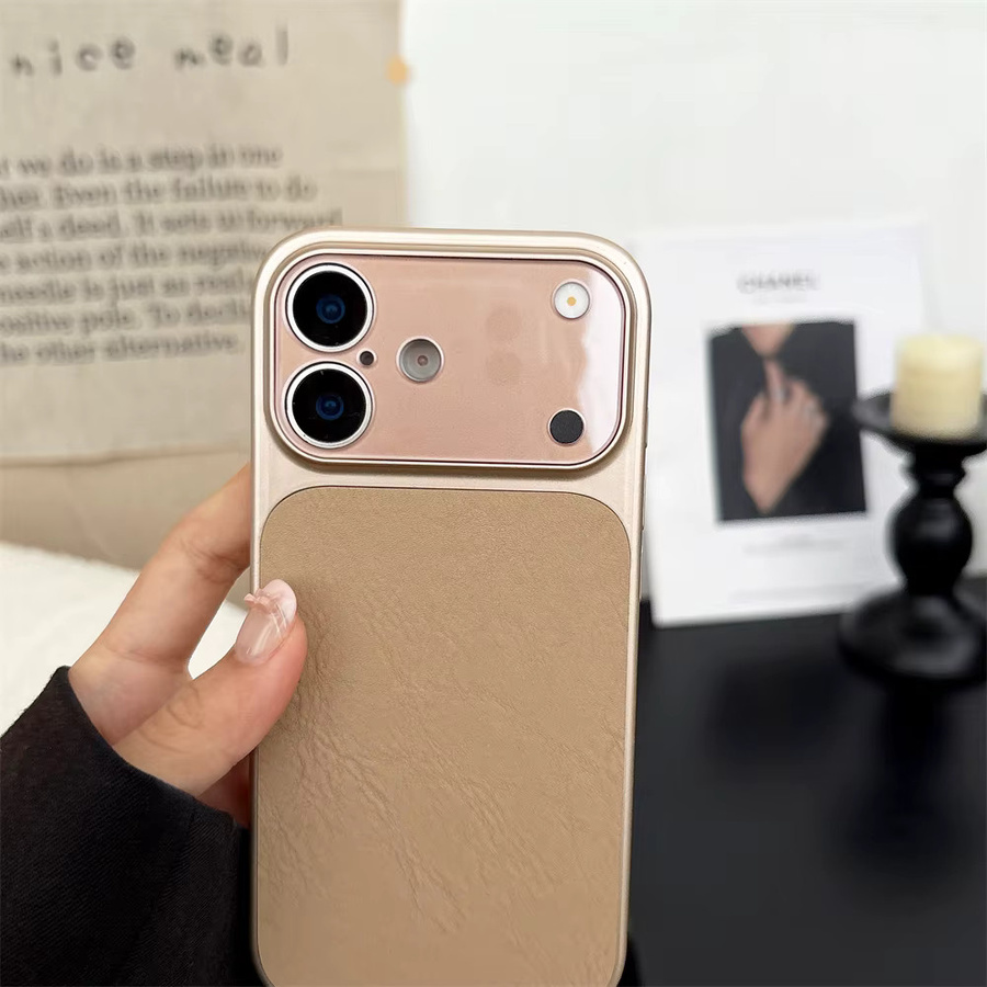 Xeber Leder Handyhülle mit großem Fenster für iPhone 17 16 15 14 13 Pro Max in Gold und Beige mit Linsenschutz und stoßfester matter Rückseite - Bild 1
