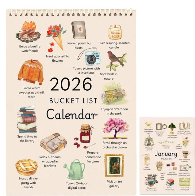 2026 Wandkalender 12-Monats-Wunschliste mit motivierenden Illustrationen und monatlicher Liste in Multicolour - Bild 1