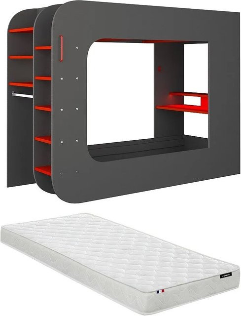 Vente-unique Hochbett Warrior Gaming in Anthrazitgrau mit Unterbettbeleuchtung, B/T/H: 90 x 200 x 238,1 cm - Bild 1