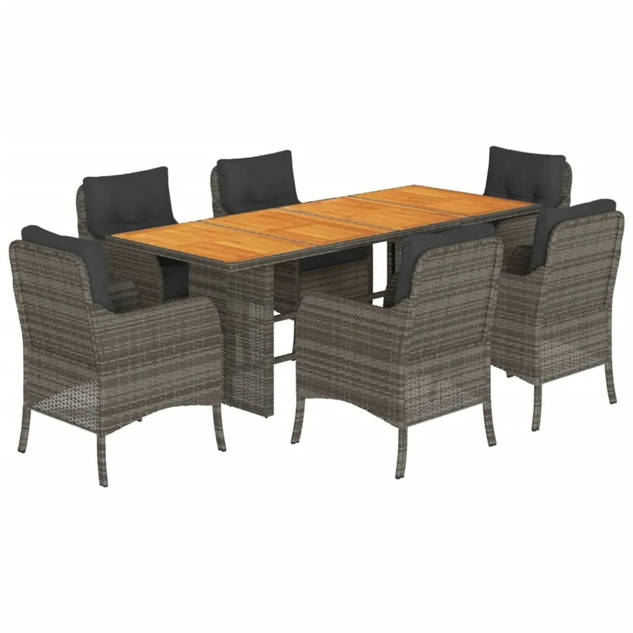 vidaXL 7-teilige Garten-Essgruppe aus Poly Rattan und Akazienholz mit Kissen in Grau und Braun - Bild 2