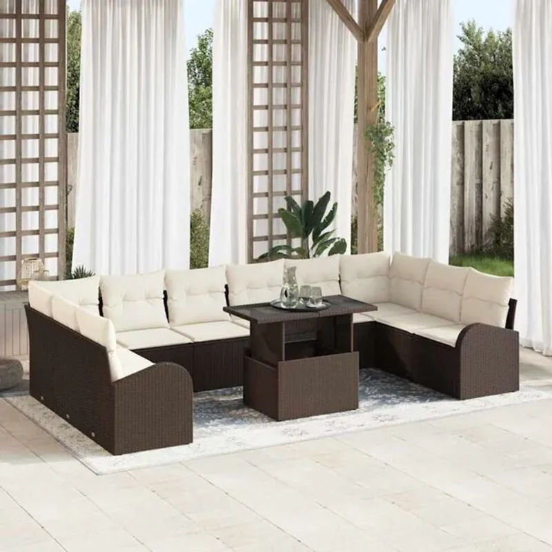 vidaxl Garten-Sofa-Set aus Polyrattan mit 11 Teilen in Braun und Beige, B/T/H: 100 x 55 x 73 cm - Bild 1