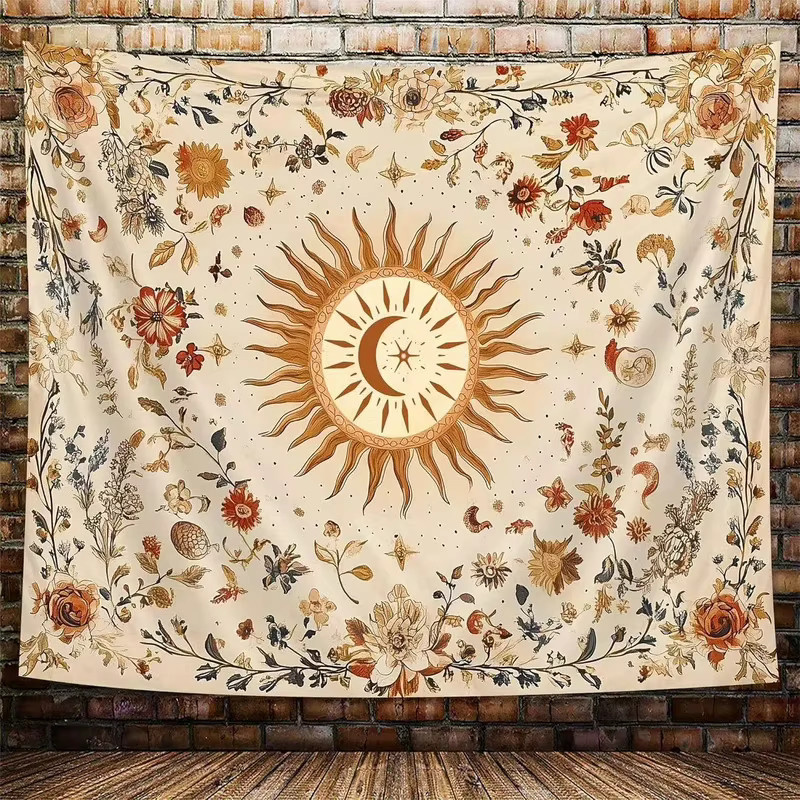 VIKAMA Vintage Wandteppich mit Sonnen- und Mond-Motiv in Multicolour, Bohemian Floral Wohndekor, B x H: 70 x 70 cm - Bild 2