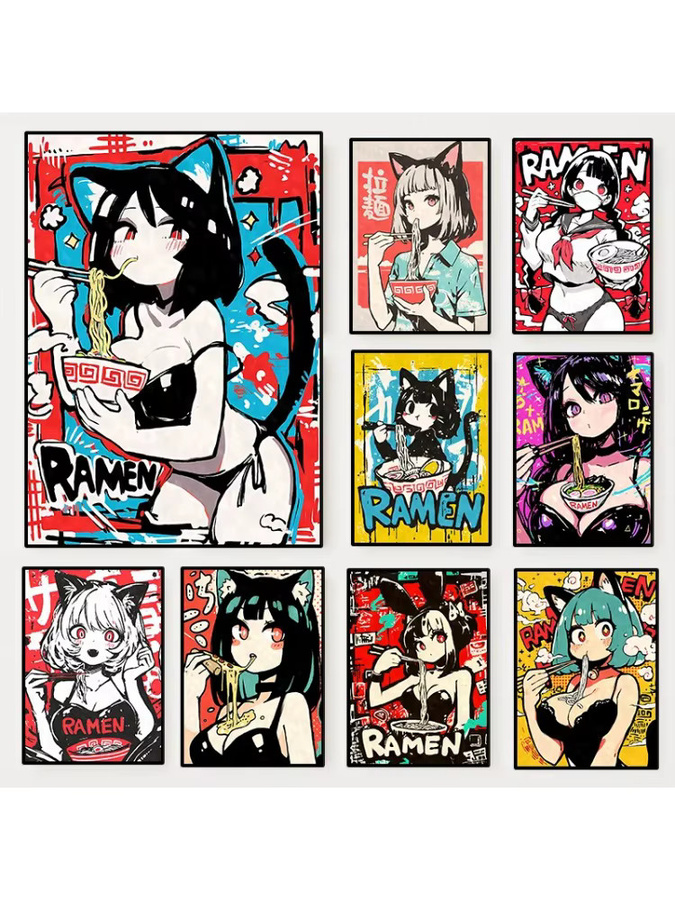 Potdemiel Anime-Poster mit Katzenmädchen und Ramen-Nudeln, Mehrfarbiges Wandbild aus Papier, Durchmesser: 20 cm - Bild 2