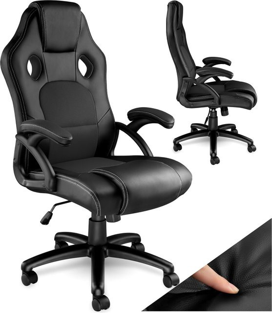 tectake Racing Bürostuhl in Schwarz mit Kunstleder und Mesh-Gewebe sowie Armlehnen - Bild 1