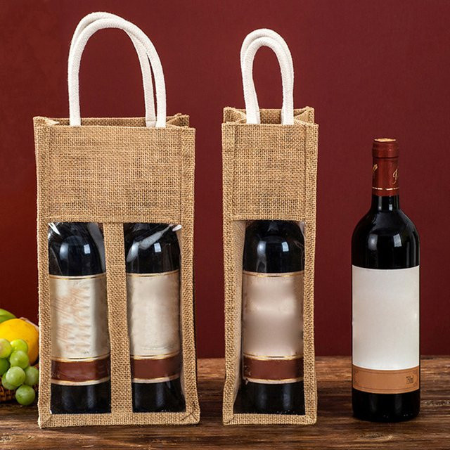 Geschenkbox für Rotwein und Champagner mit Fenster und Griff, braune Jute-Optik aus Papier, ideal für Hochzeiten und Gastgeschenke - Bild 1