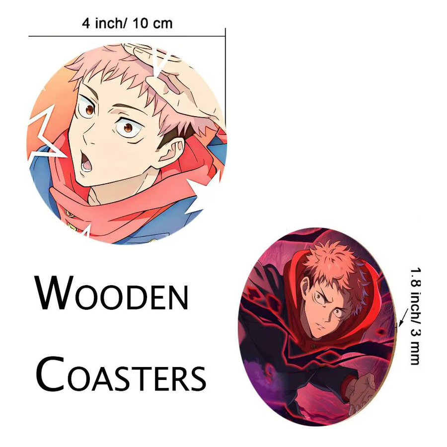 Runder Holz-Untersetzer mit Itadori Yuji Anime-Motiv, Durchmesser: 10 cm, Mehrfarbig - Bild 6