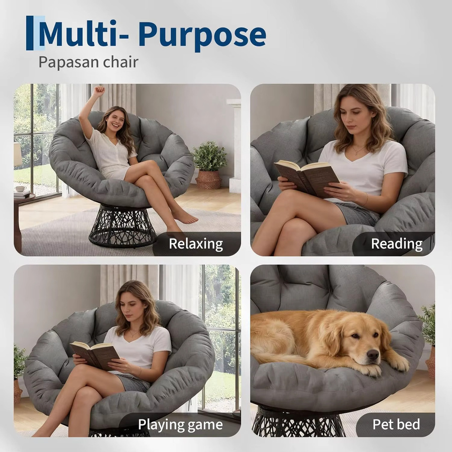 HiMISS Ergonomischer Papasan-Stuhl aus Korbgeflecht mit weichem Stoffkissen und 360 Grad drehbarer Basis, Grau - Bild 6