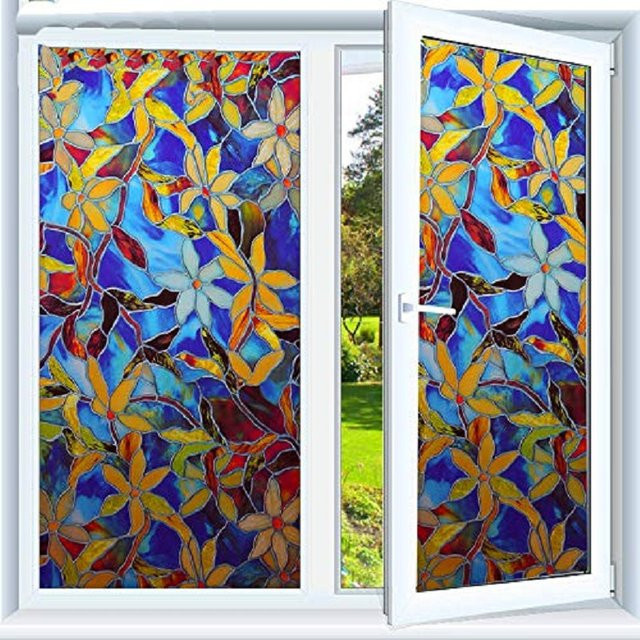 WXSHSH Fensterfolie mit Blumenmuster in Multicolour, statisch haftende Fensterabdeckung im Art Nouveau Design zur Wärmekontrolle und zum Sichtschutz - Bild 1