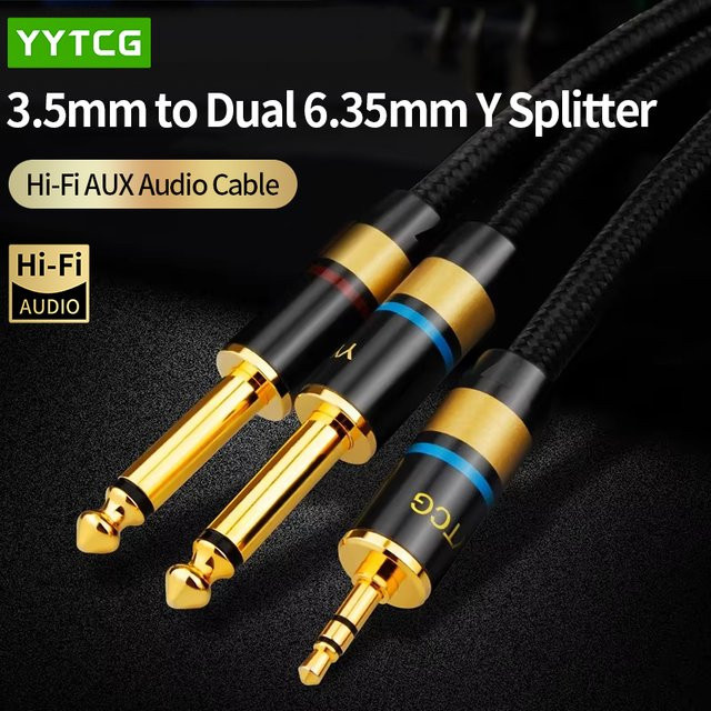 YYTCG Hi-Fi AUX Audiokabel 3,5mm auf Dual 6,35mm TS Y-Splitter, vergoldet, Schwarz - Bild 1