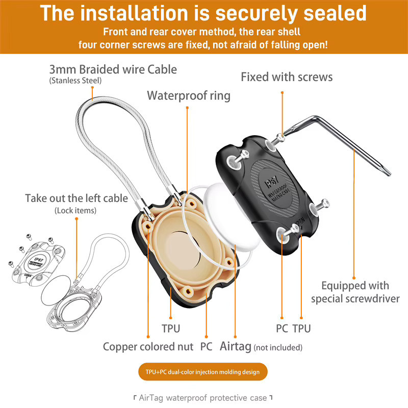 Apple AirTag Halter mit Drahtkabel und sicherem Verschluss als Schlüsselanhänger in Grün - Bild 3
