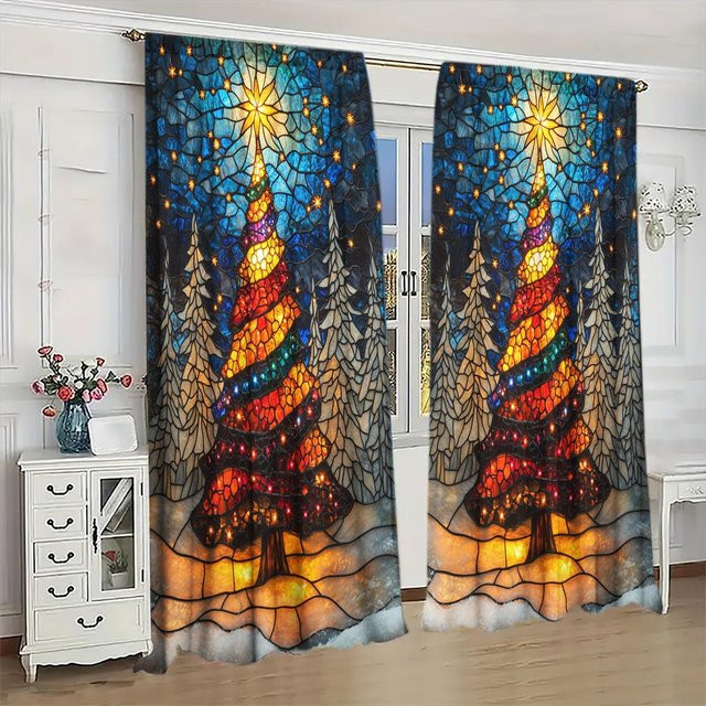 2er-Set Weihnachts-Vorhänge mit Buntglas-Print in Grau, halbtransparent, Breite: 52,5 cm, Höhe: 116 cm - Bild 1