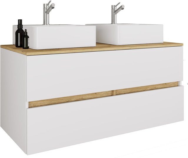 VCM Doppelwaschtisch Cosila in Weiß, 3-teiliges Badmöbel-Set mit 2 Keramikbecken und Badschrank mit 2 Softclose-Schubladen, H x B x T: 51 x 111 x 51 cm - Bild 1